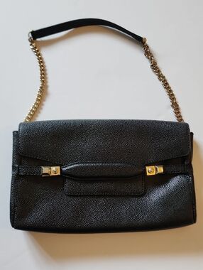 henri bendel Black Pebbled Leather Shoulder Bag with Gold Chain Strap.